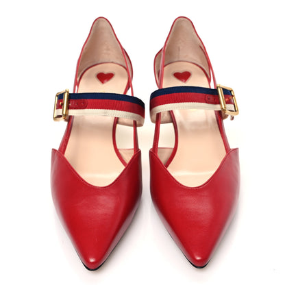 Gucci Malaga Kid Grosgrain Sylvie Web Bamboo Low Heel Pumps 38 Hibiscus Red 2 of 8
