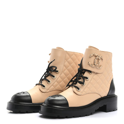 Chanel Calfskin Quilted Lace Up Combat Boots 37.5 Beige Black 3 of 8