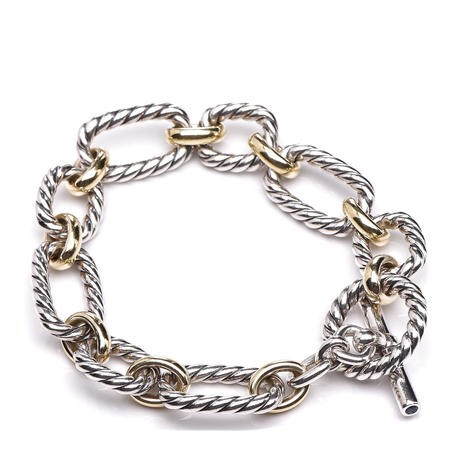 David Yurman Sterling Silver 18K Yellow Gold Blue Sapphire Cushion Link Bracelet 1 of 3