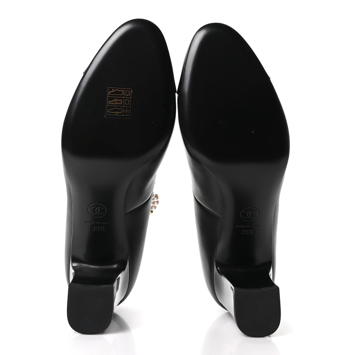 Shiny Lambskin Patent Calfskin Cap Toe Ankle Pearl Chain Pumps 39.5 Black