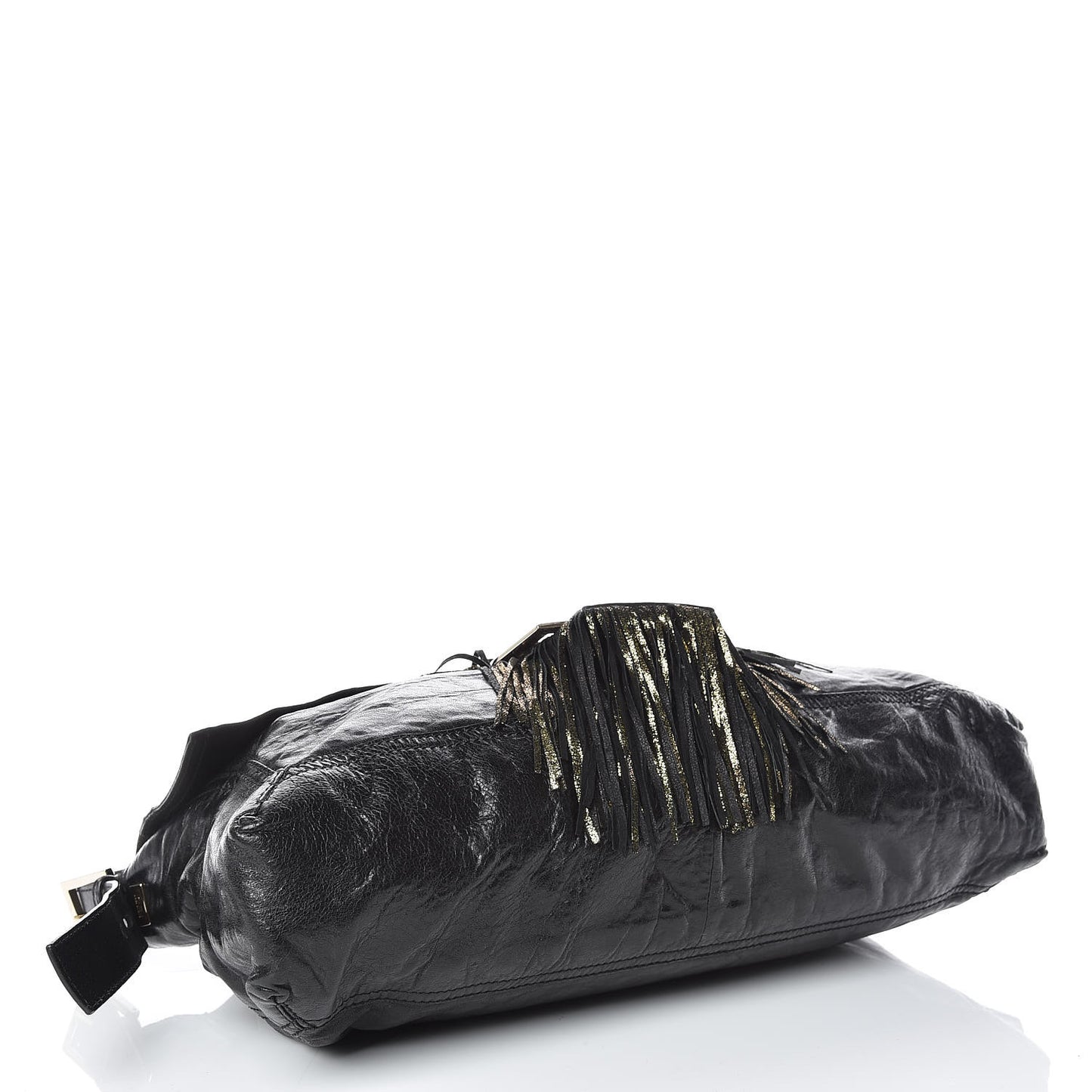 Crumpled Calfskin Fringe Large Convertible Baguette Black