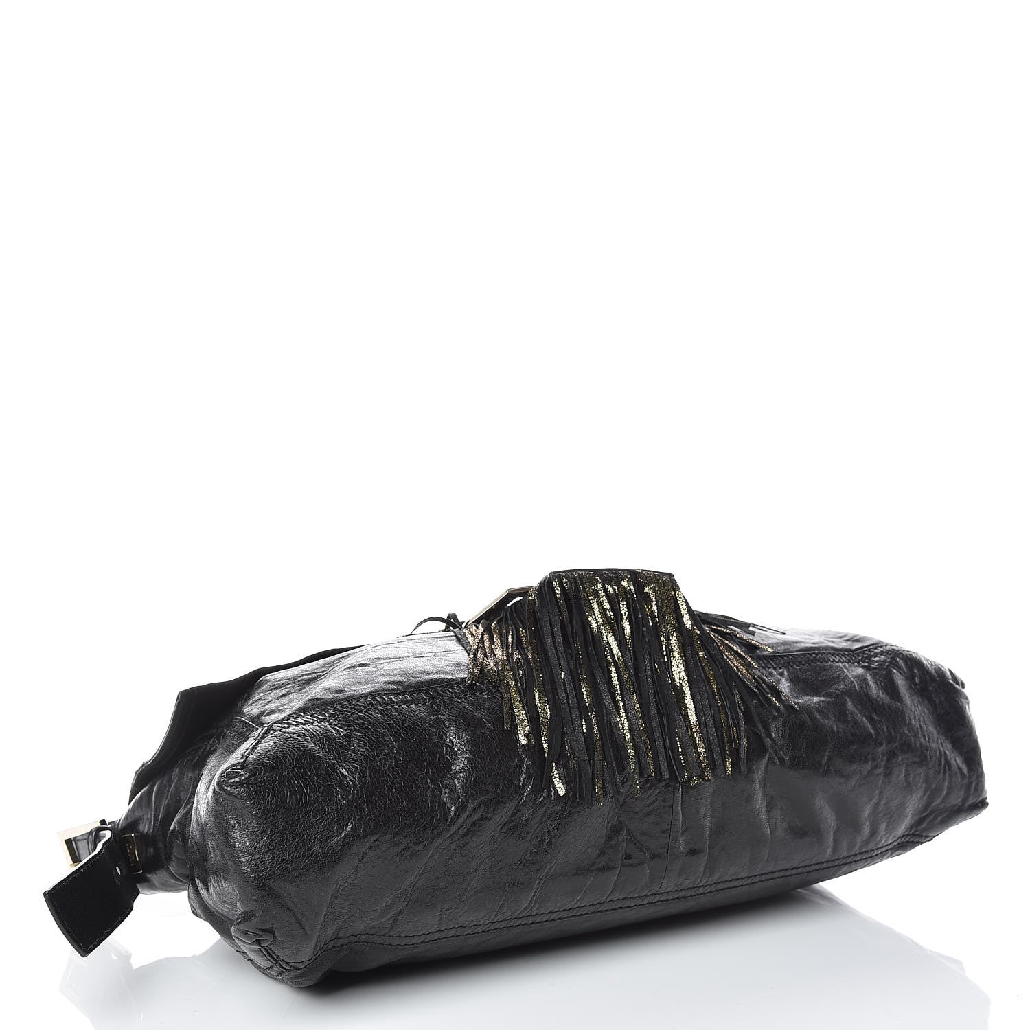 Fendi Crumpled Calfskin Fringe Large Convertible Baguette Black 4 of 18