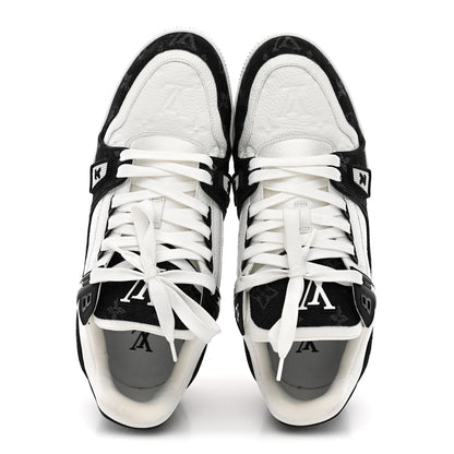 Louis Vuitton Calfskin Embossed Monogram Denim Mens LV Trainer Sneakers 10 Black 2 of 11