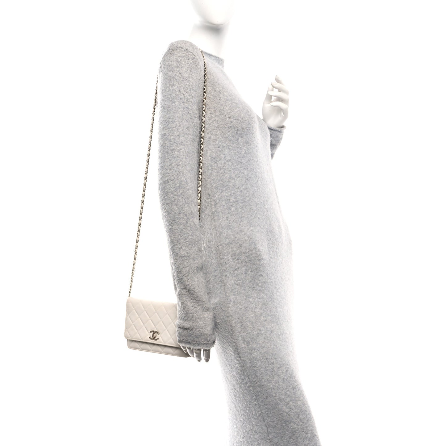 Caviar Quilted Perforated Metal CC Wallet On Chain WOC White