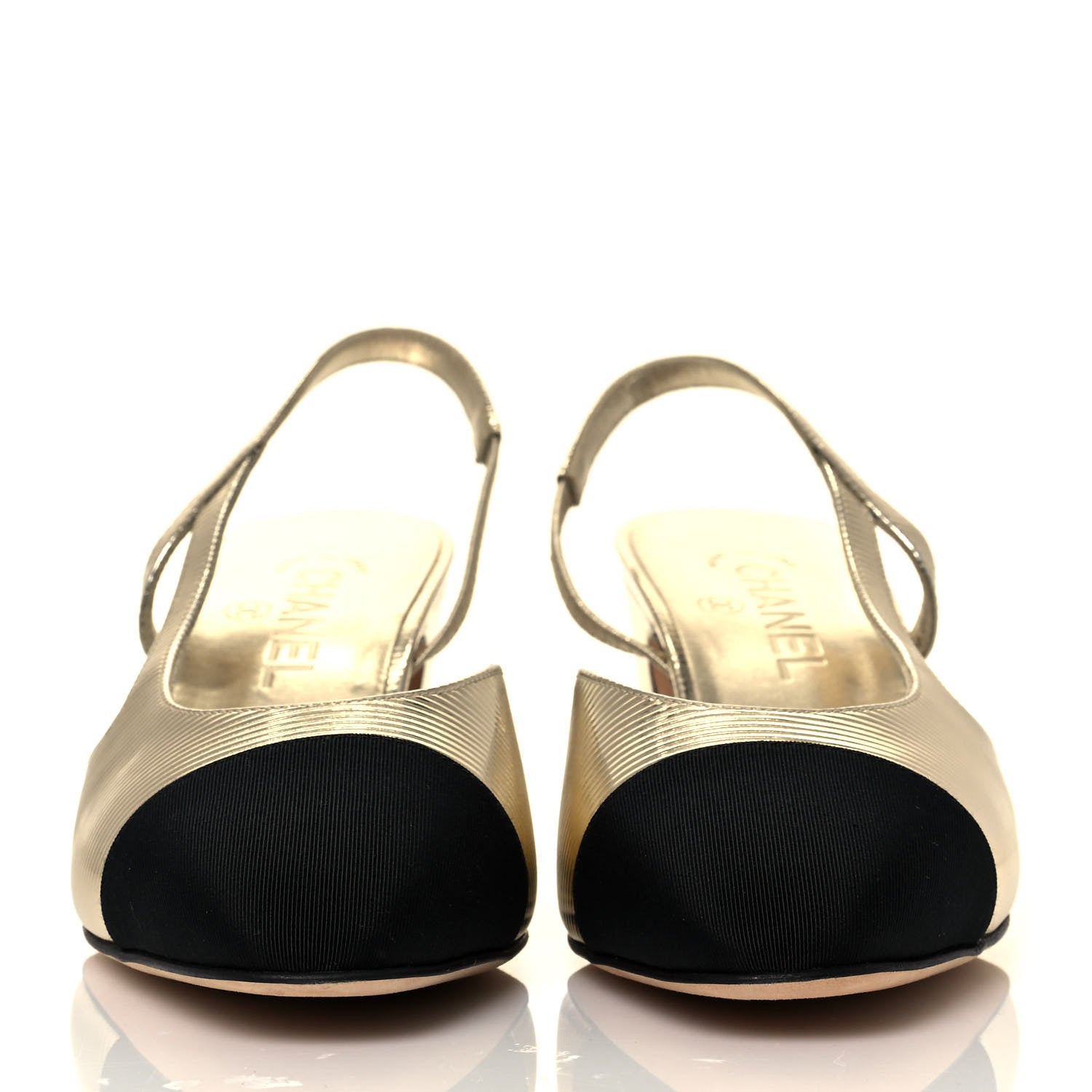 Chanel Metallic Cap Toe CC Slingback Sandals 39.5 Gold Black 2 of 7