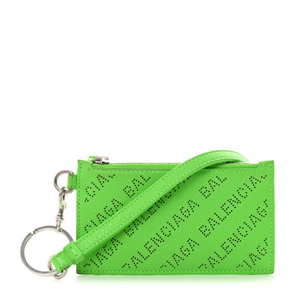 Balenciaga Calfskin Logo Perforated Cash Coin Card Holder On Keychain Acid Green 1 of 12