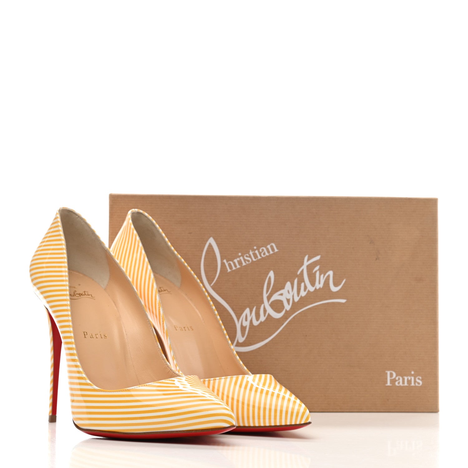 Christian Louboutin Patent Pigalle Follies Stripes 100 Pumps 39.5 Banana White 9 of 9