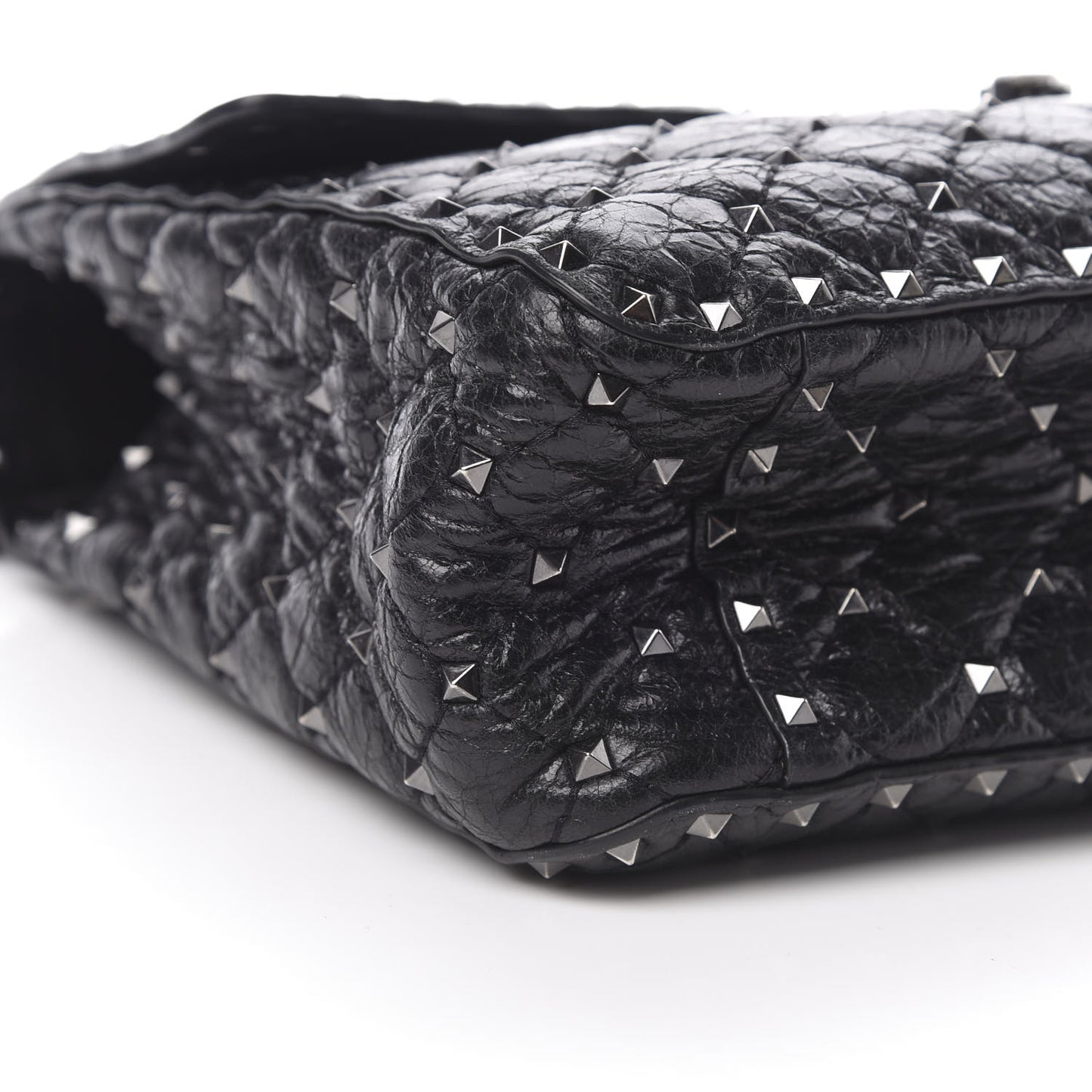 Craquele Nappa Large Rockstud Spike Shoulder Bag Black