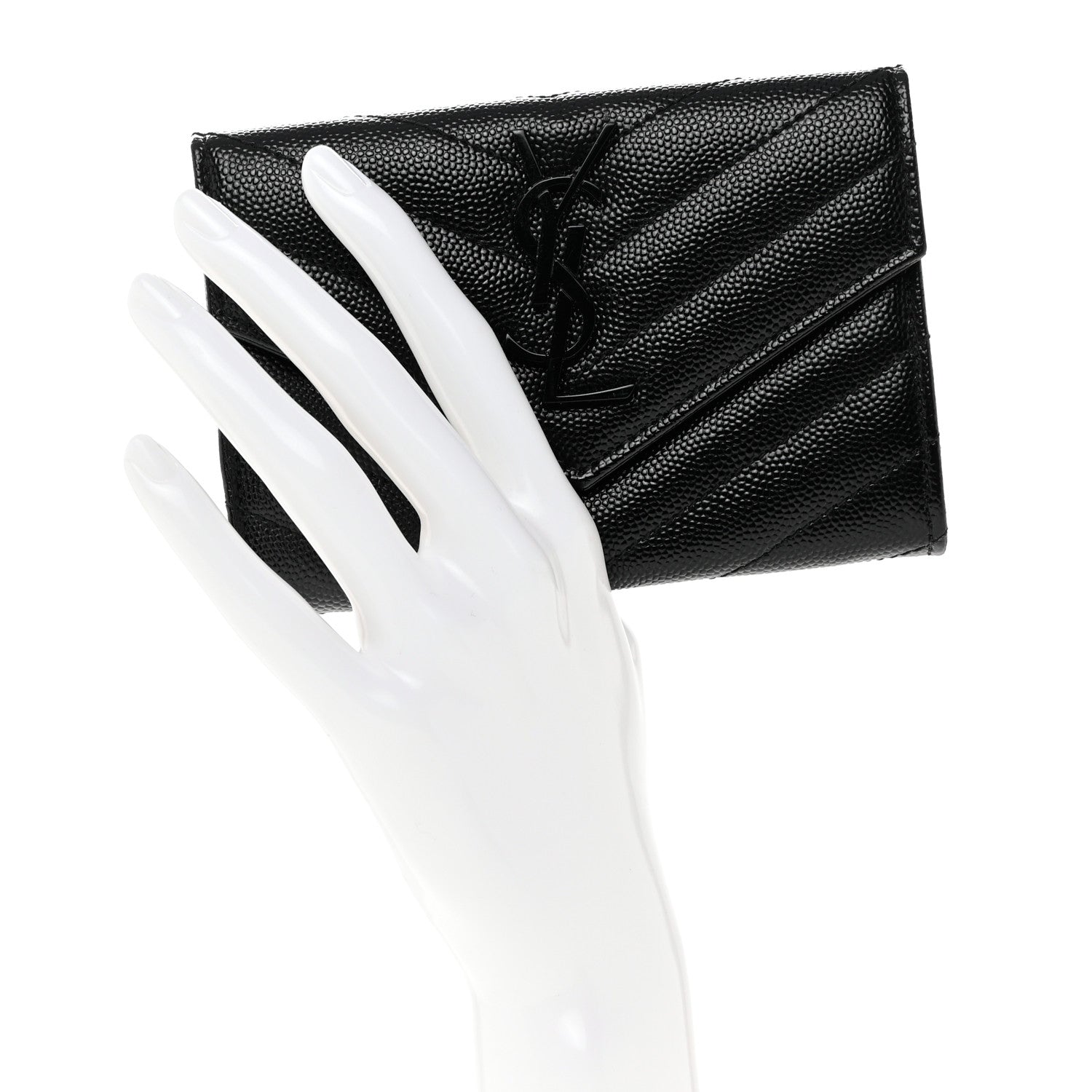 Saint Laurent Grain De Poudre Matelasse Chevron Small Monochrome Monogram Envelope Wallet Black 2 of 8