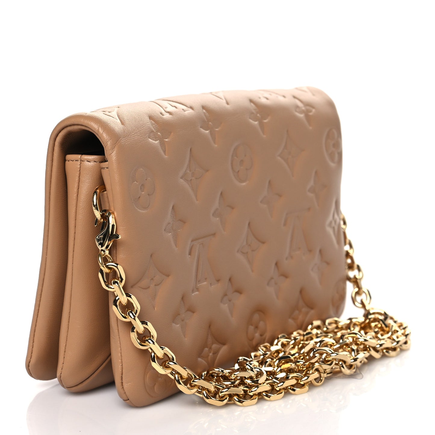 Lambskin Embossed Monogram Pochette Coussin Camel