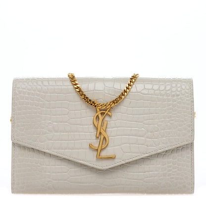 Saint Laurent Calfskin Crocodile Embossed Monogram Uptown Chain Wallet Crema Soft 1 of 10