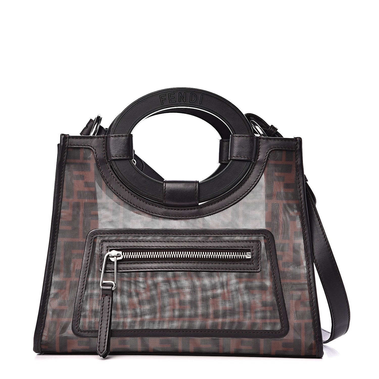 Fendi Mesh Vitello Century Cuoio FF 1974 Small Runaway Shopper Tote Marrone Black Ebano 1 of 12