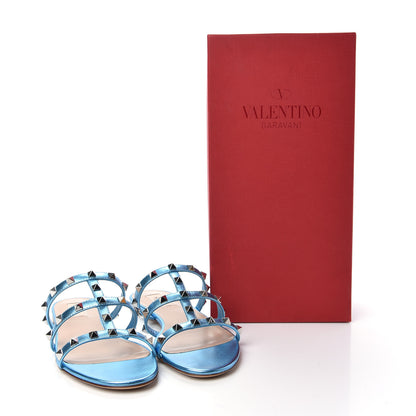 Valentino Garavani Metallic Nappa Rockstud Caged Flat Slide Sandals 38.5 Cerulean 11 of 11