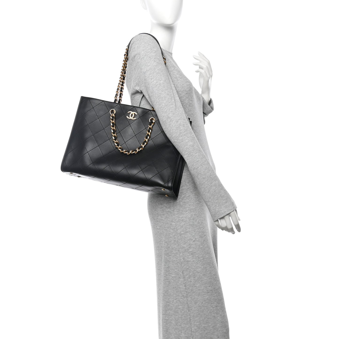 Calfskin Stitched Large Shopping Tote Black