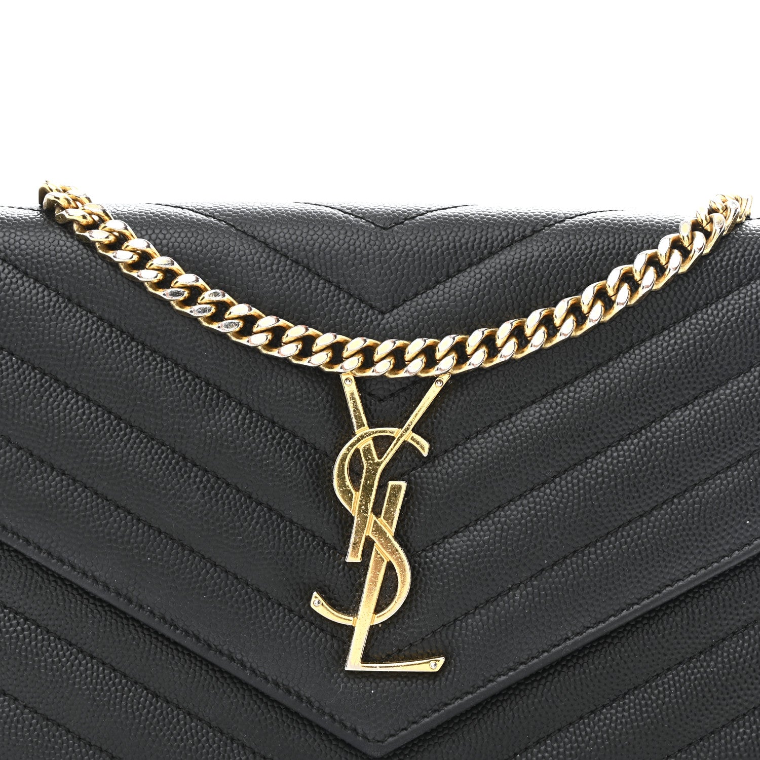 Saint Laurent Grain De Poudre Matelasse Chevron Monogram Chain Wallet Black 9 of 12
