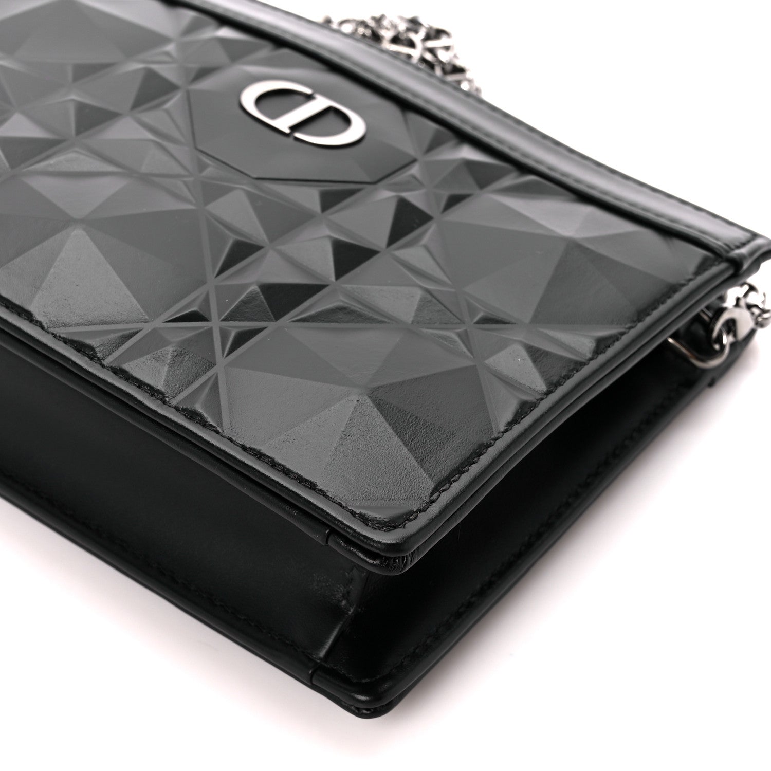 Christian Dior Calfskin Macrocannage Diamond Caro Zipped Pouch With Chain Black 10 of 10