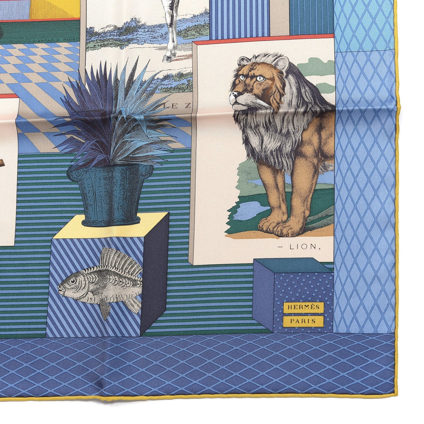 Silk Twill Grande Theatre Nouveau Scarf 90 Bleu Jean Vert Moutarde