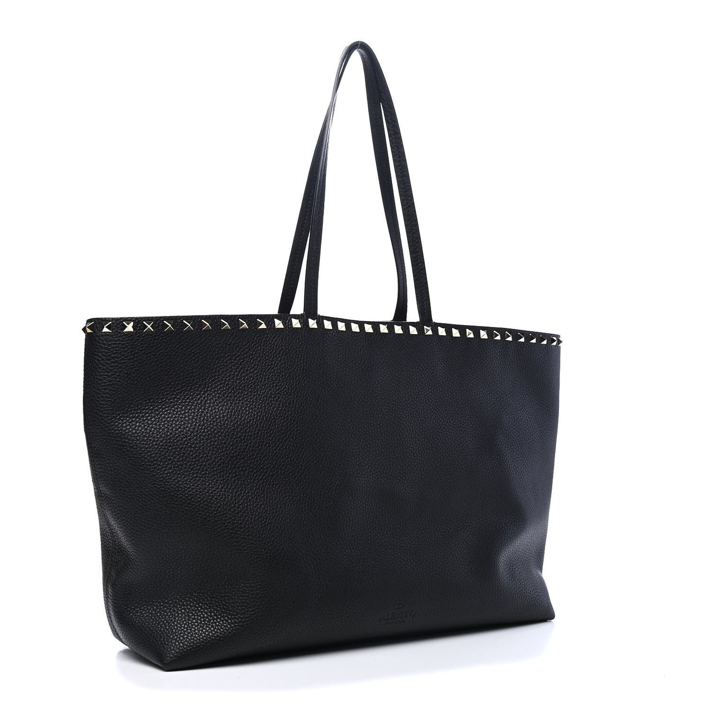 Grained Calfskin Rockstud Shoulder Tote Black