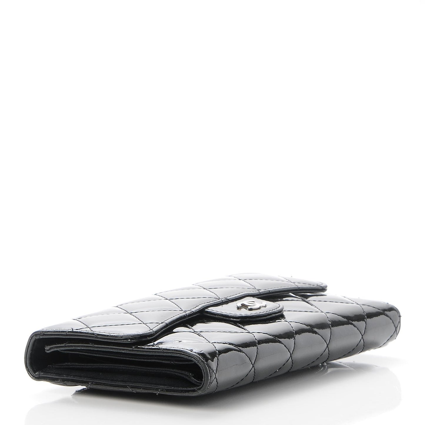 Patent Calfskin Quilted Large Flap Wallet Black
