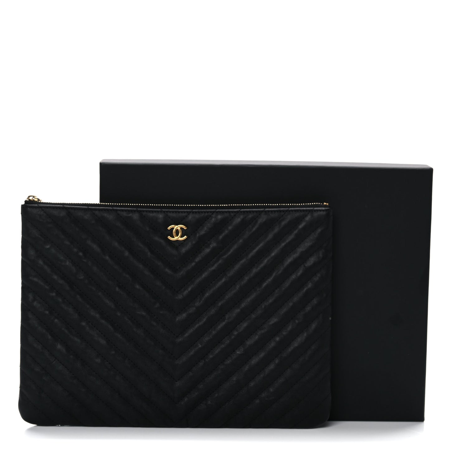 Aged Calfskin Chevron Quilted Medium Cosmetic Case Black