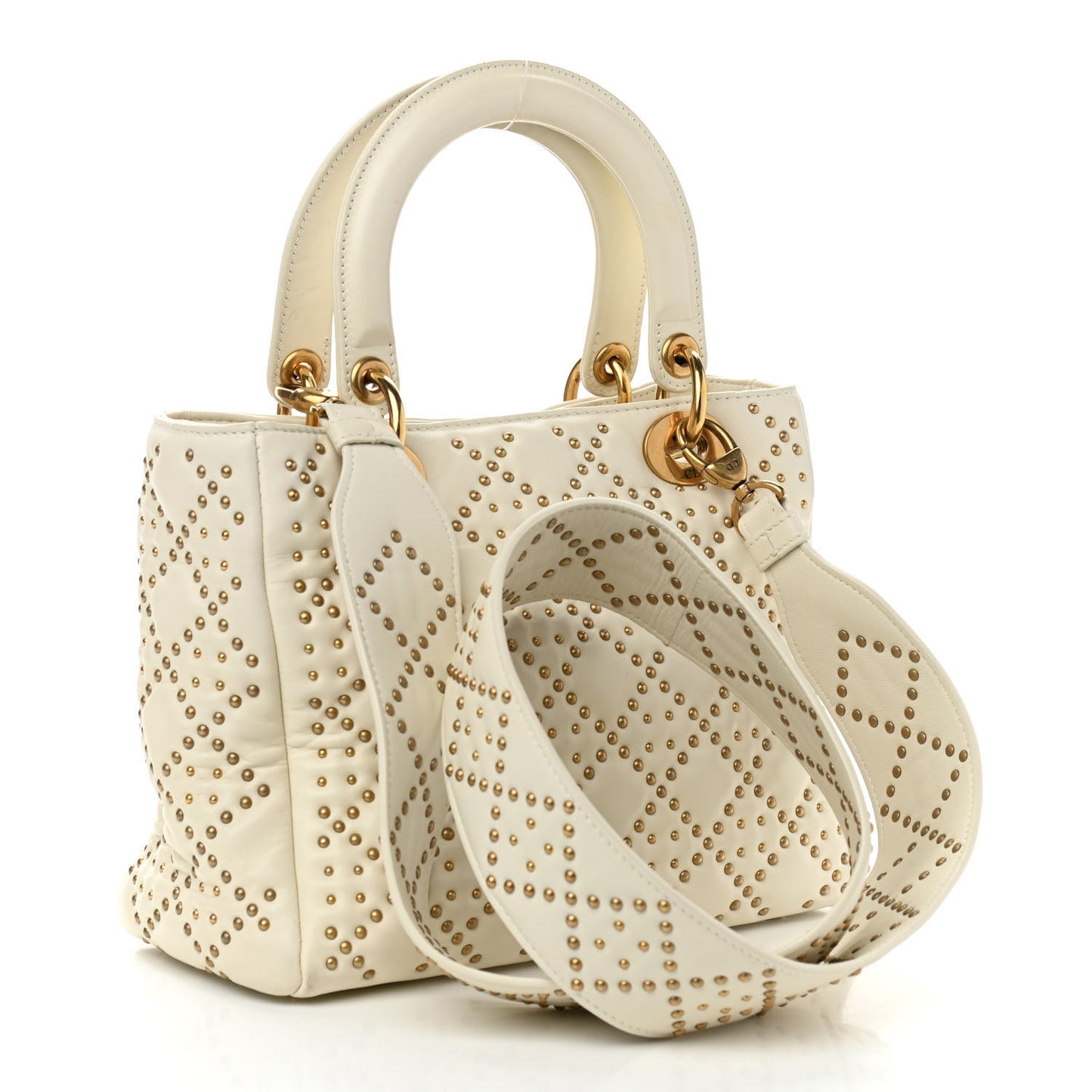 Calfskin Cannage Studded Medium Supple Lady Dior White