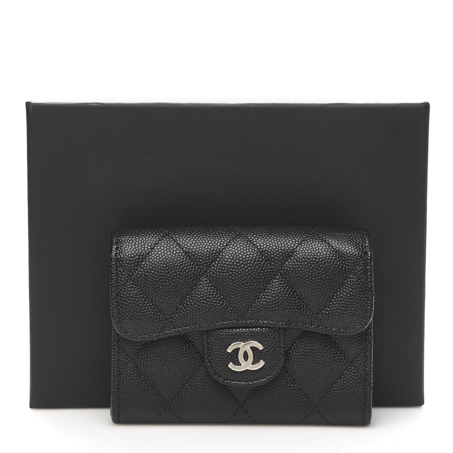 Caviar Quilted Flap Card Holder Wallet Black