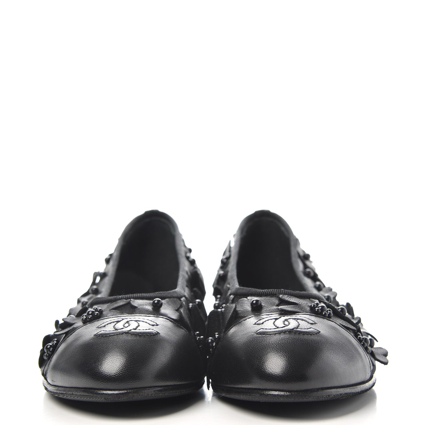 Canvas Lambskin Beaded Camellia Cap Toe Ballerina Flats 37 Black