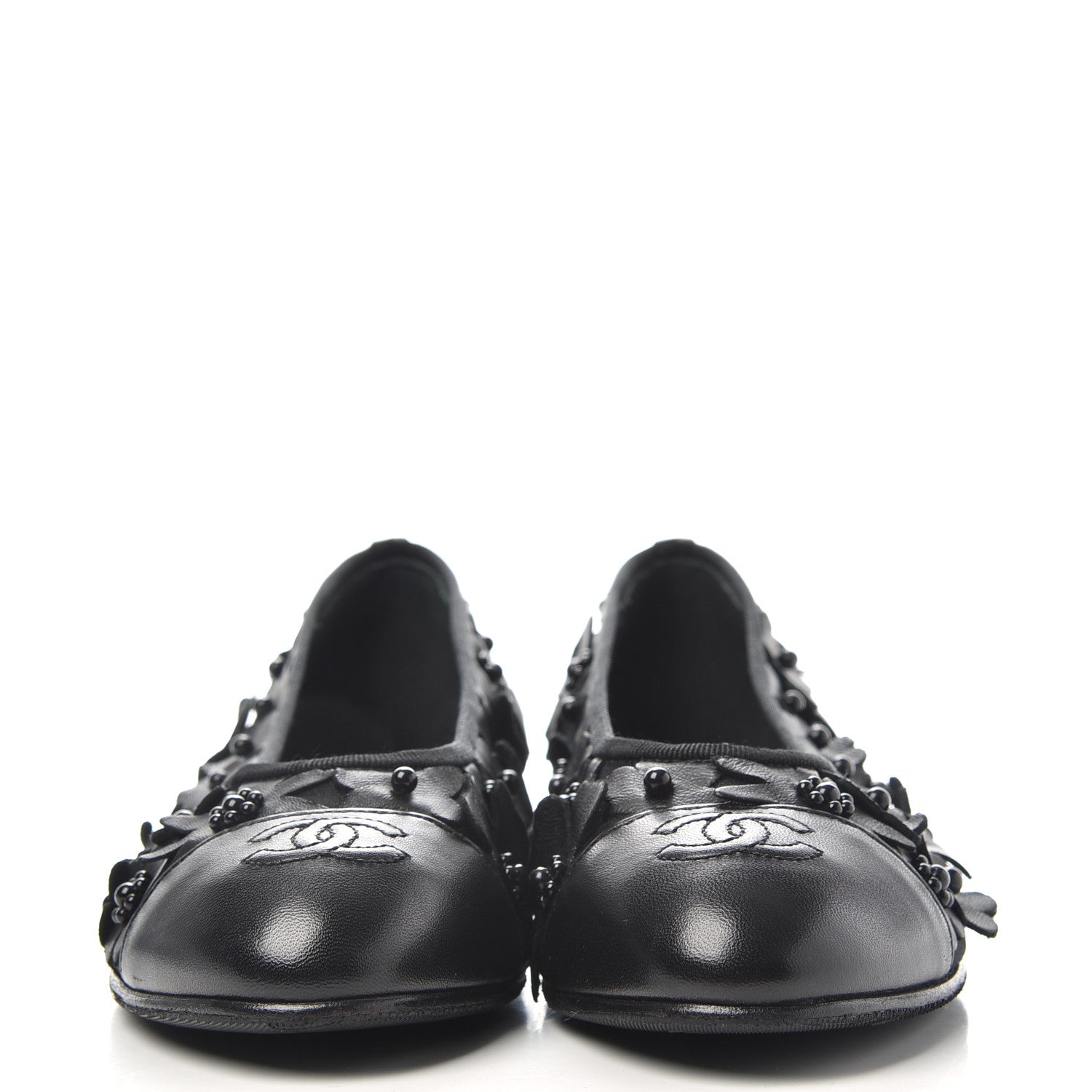 Chanel Canvas Lambskin Beaded Camellia Cap Toe Ballerina Flats 37 Black 2 of 9
