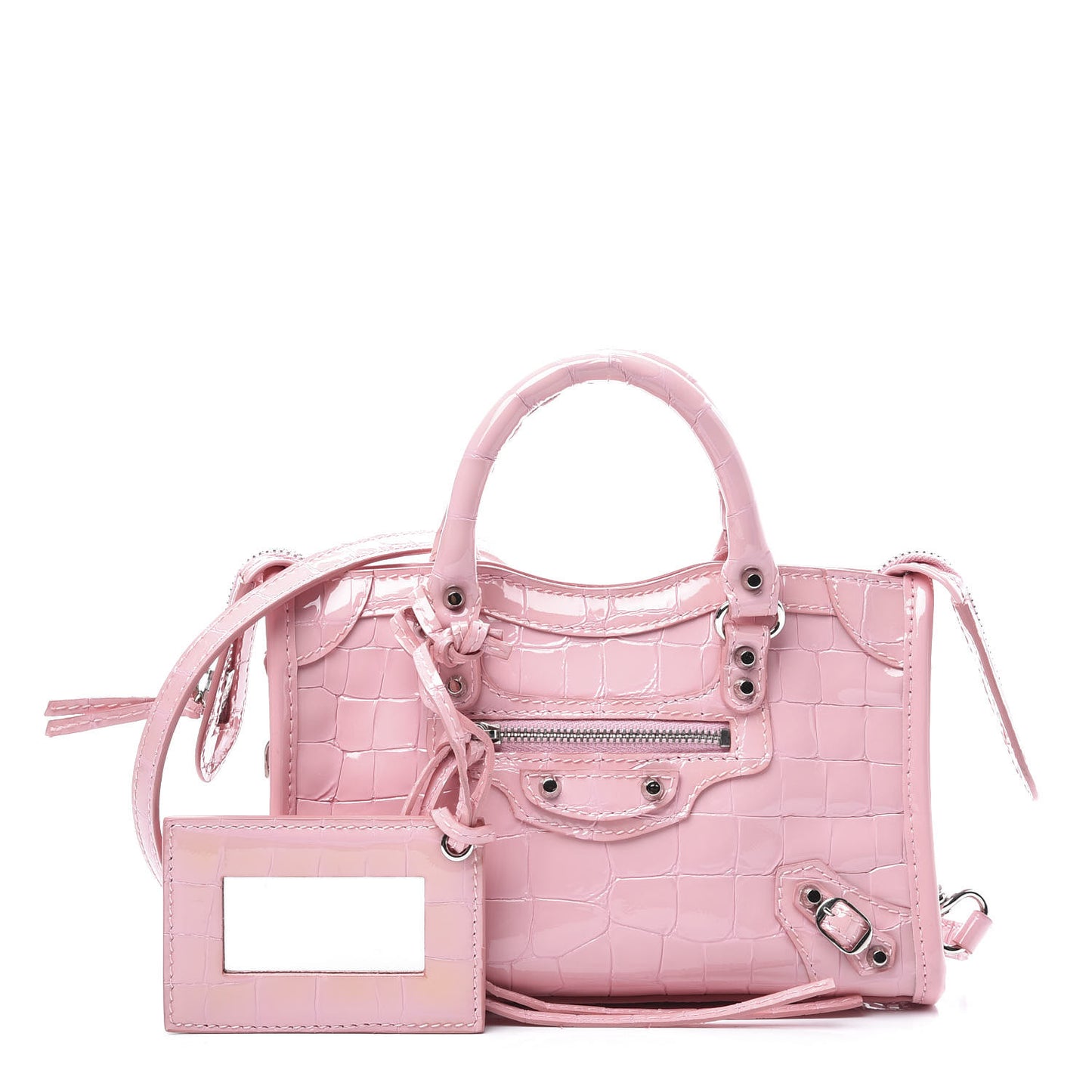 Patent Crocodile Embossed Classic Silver Hardware Nano City Light Pink