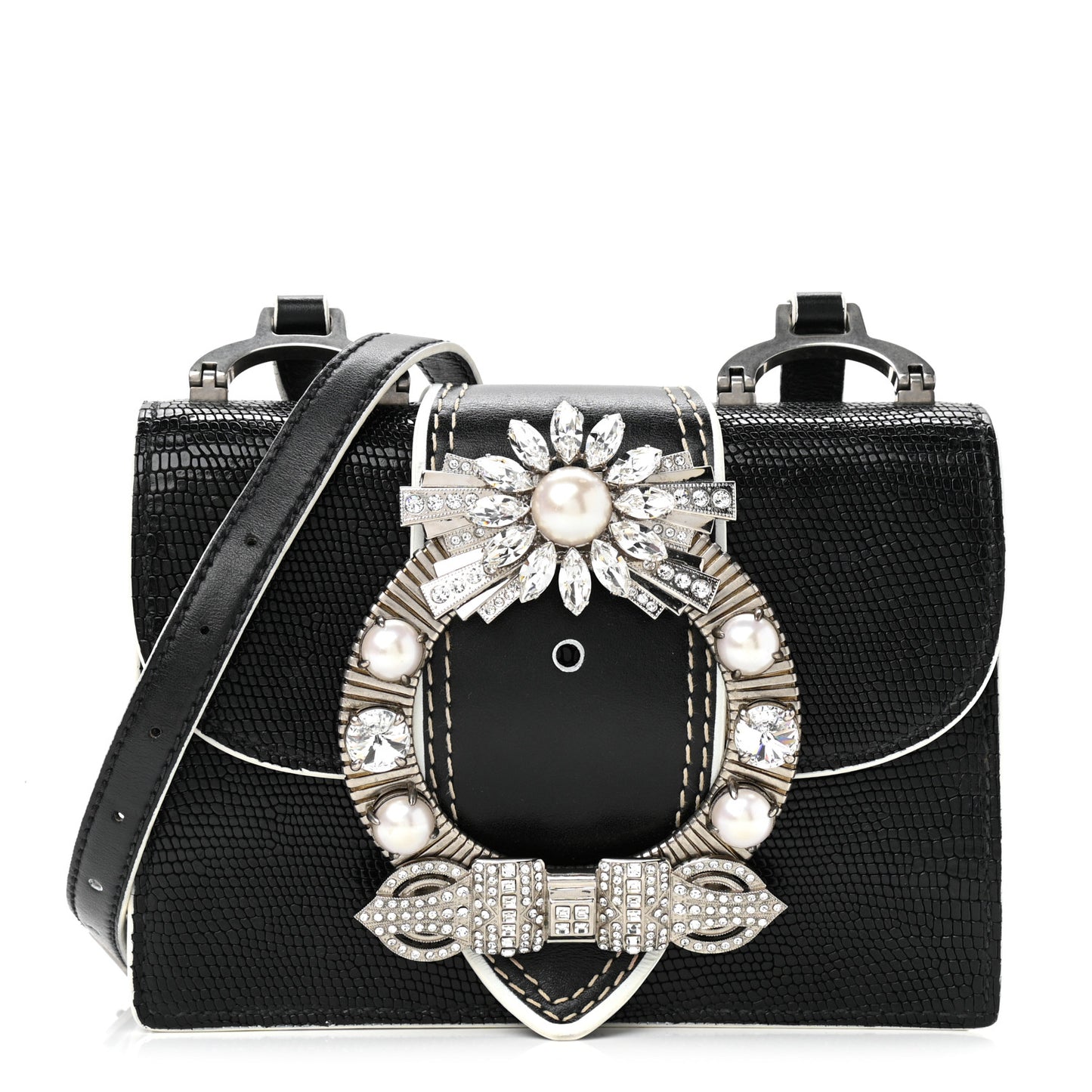 Embossed Lizard Calfskin Crystal Embellished Saint Lucertola Shoulder Bag Black