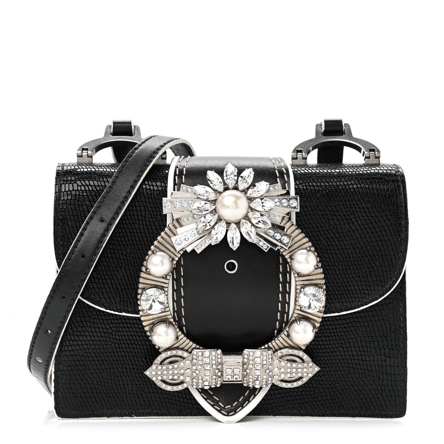 Miu Miu Embossed Lizard Calfskin Crystal Embellished Saint Lucertola Shoulder Bag Black 1 of 11