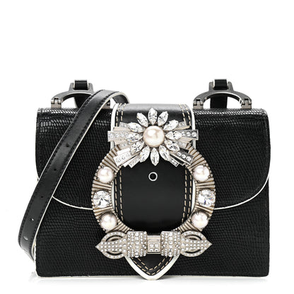 Miu Miu Embossed Lizard Calfskin Crystal Embellished Saint Lucertola Shoulder Bag Black 1 of 11