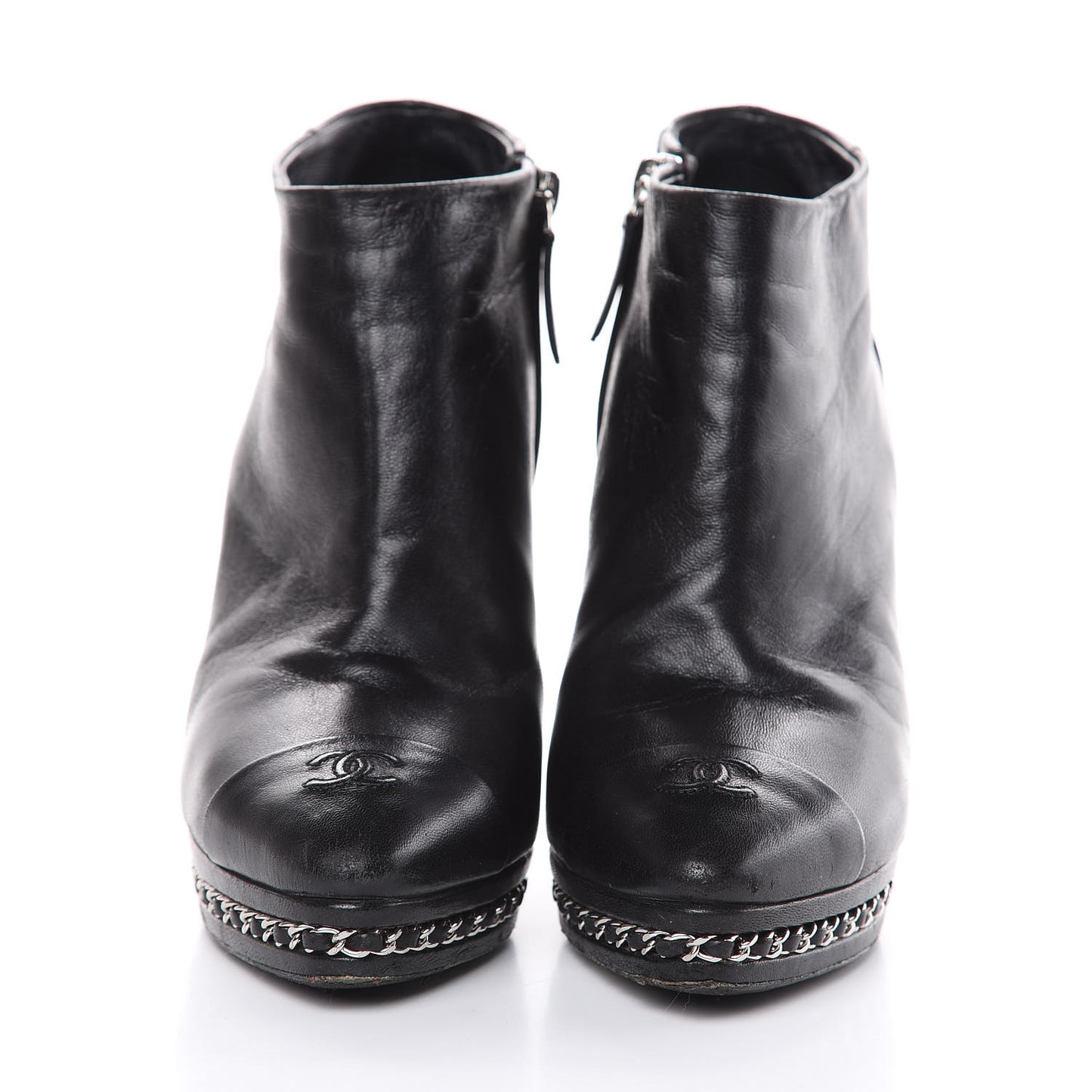 Lambskin CC Platform Cap Toe Chain Ankle Boots 38.5 Black