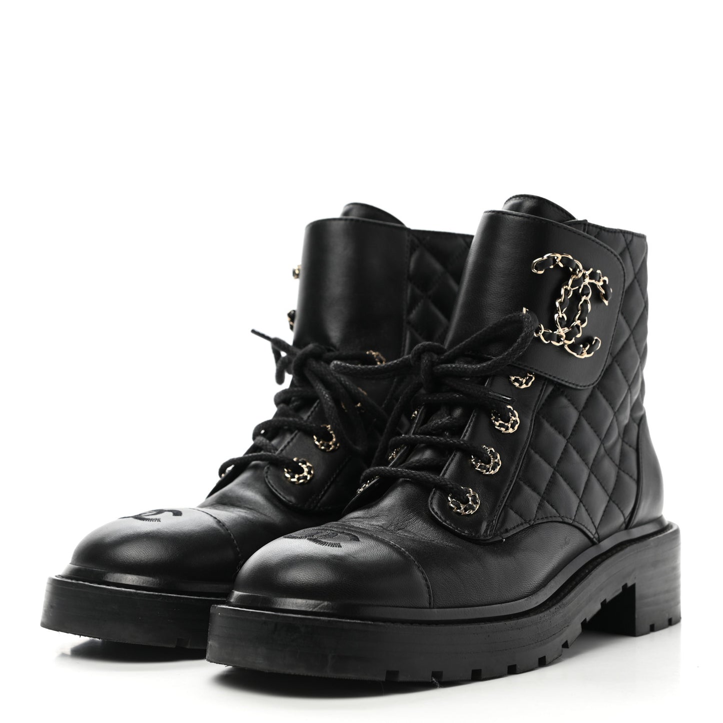 Lambskin Calfskin Quilted Lace Up Combat Boots 38.5 Black