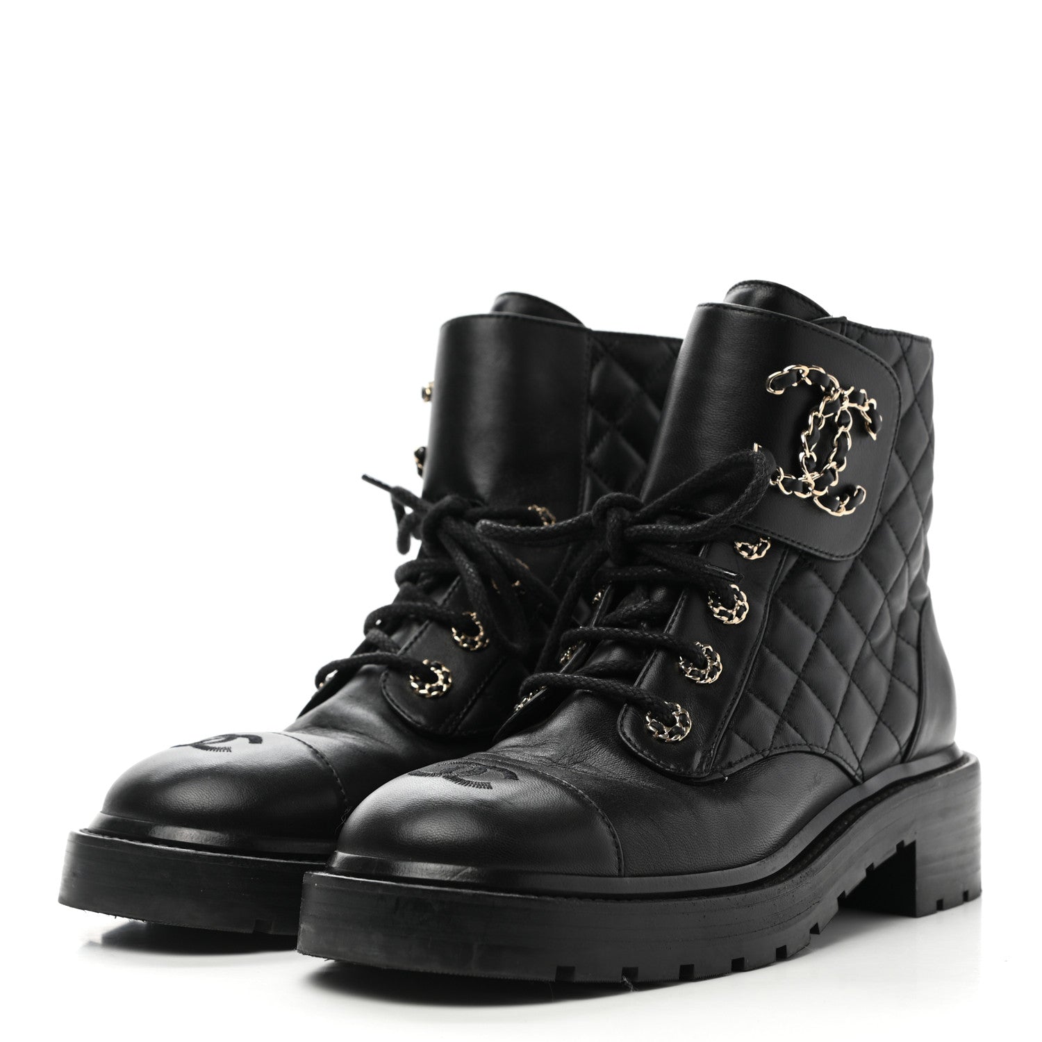 Chanel Lambskin Calfskin Quilted Lace Up Combat Boots 38.5 Black 3 of 10