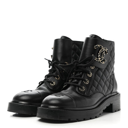 Chanel Lambskin Calfskin Quilted Lace Up Combat Boots 38.5 Black 3 of 10