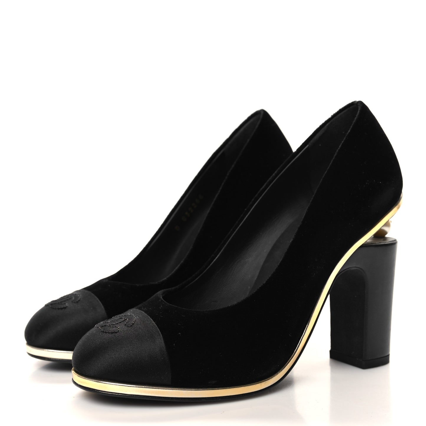 Velvet Satin Cap Toe Pearl Pumps 38 Black
