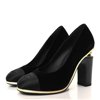 Chanel Velvet Satin Cap Toe Pearl Pumps 38 Black 3 of 8