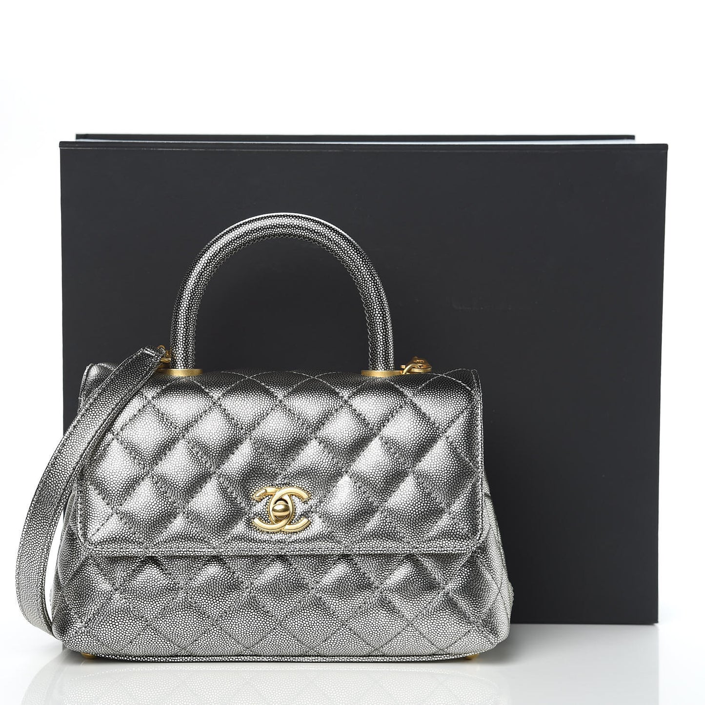 Metallic Caviar Quilted Mini Coco Handle Flap Silver