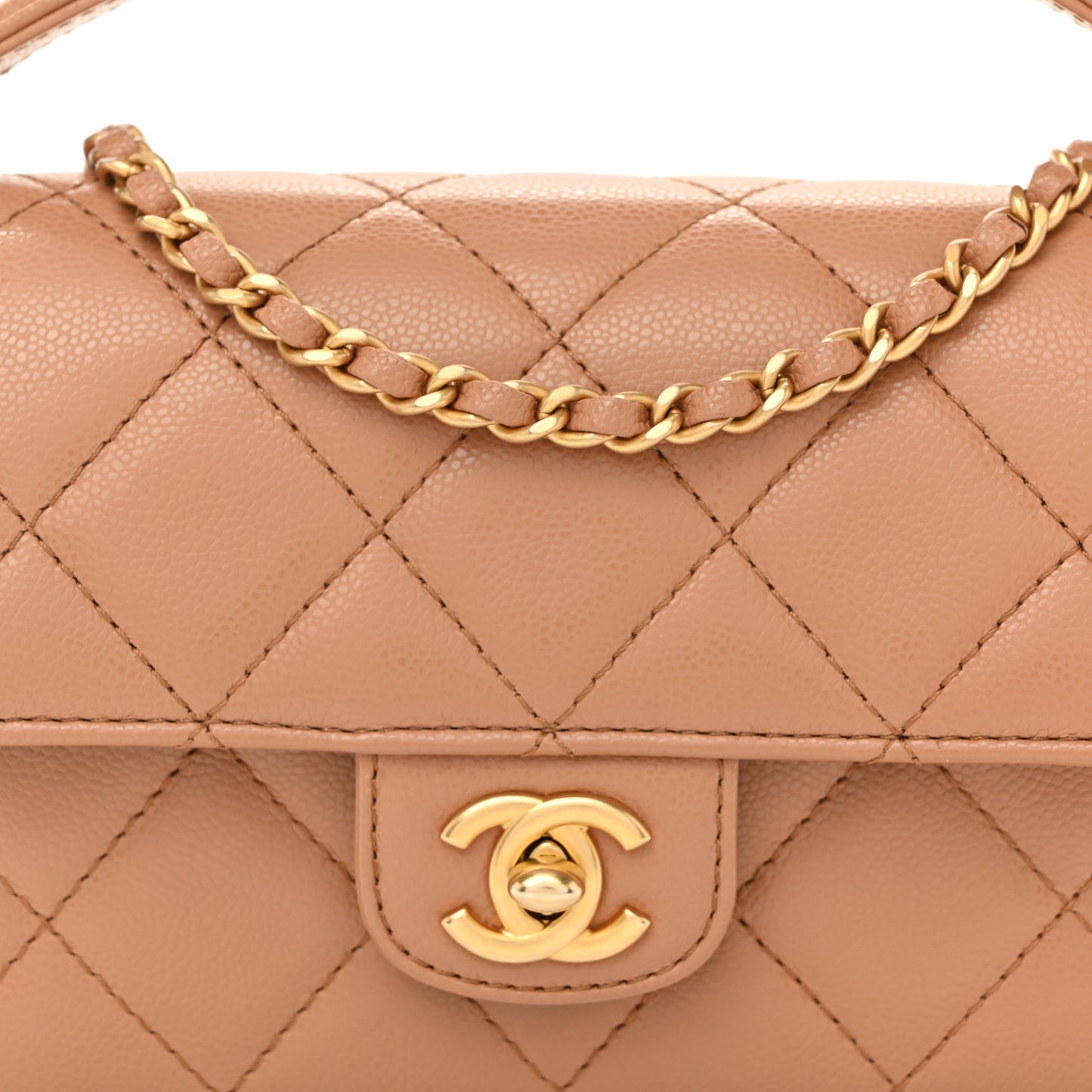 Shiny Caviar Quilted Mini Top Handle Flap Bag Camel
