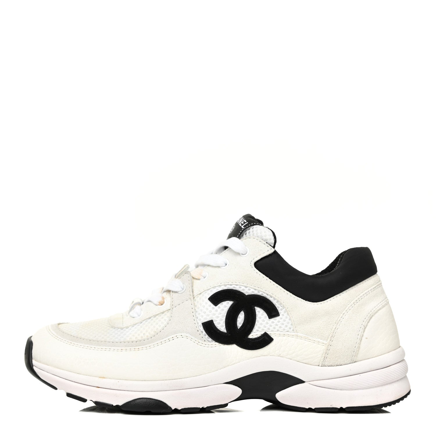 Chanel Mesh Suede Calfskin Grained Calfskin Womens CC Sneakers 39 White Black 1 of 17