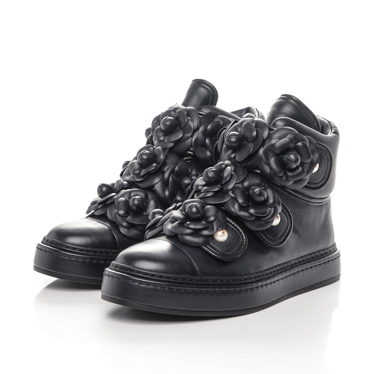 Lambskin Camellia High Top Sneakers 35.5 Navy