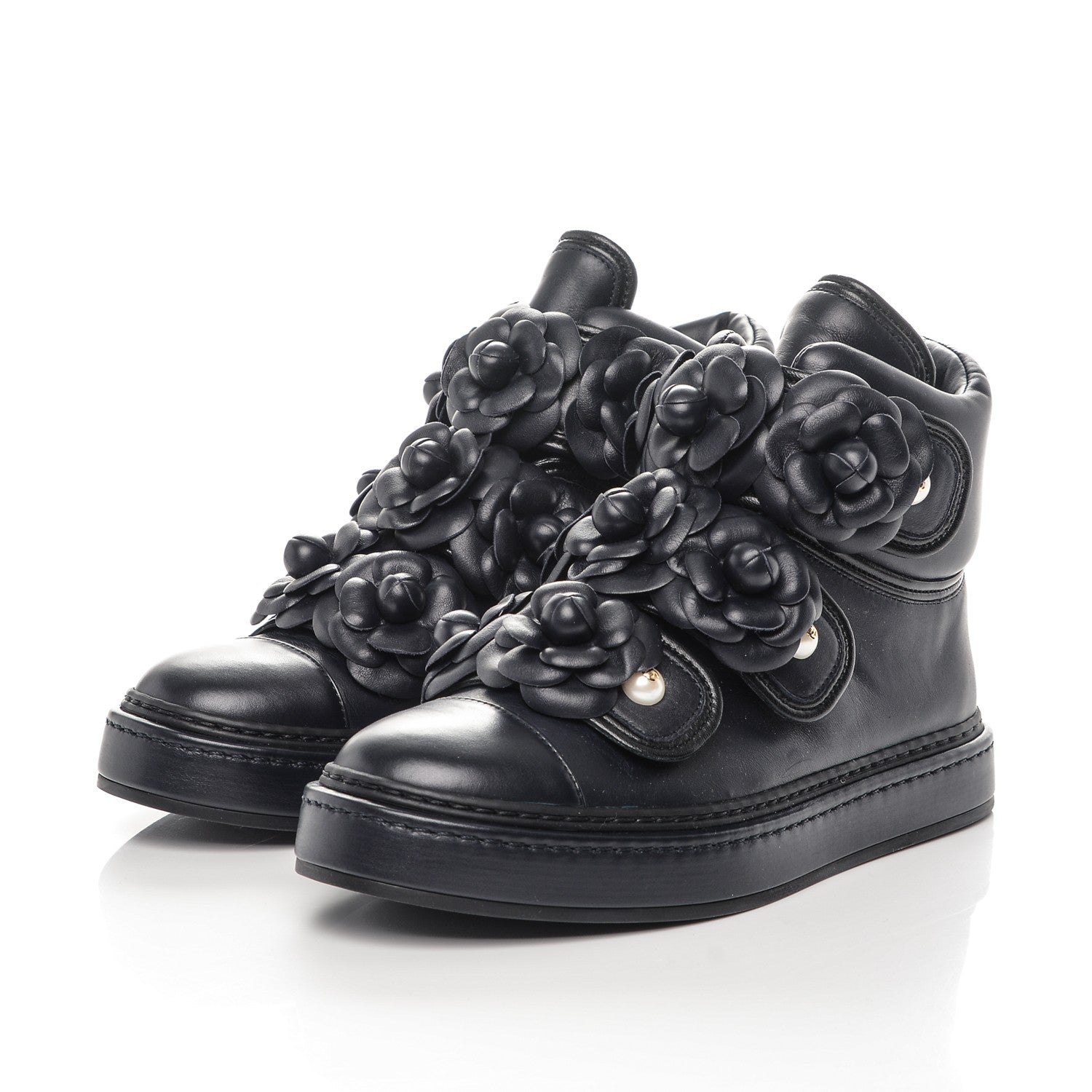 Chanel Lambskin Camellia High Top Sneakers 35.5 Navy 3 of 7