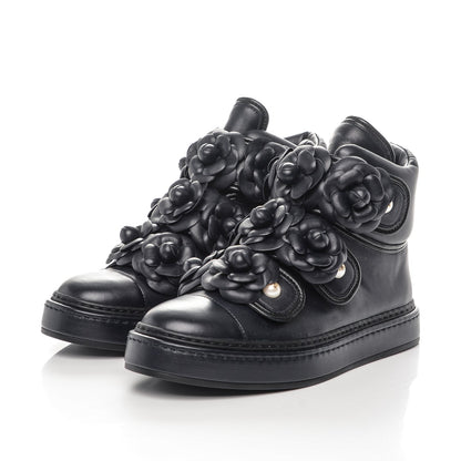Chanel Lambskin Camellia High Top Sneakers 35.5 Navy 3 of 7