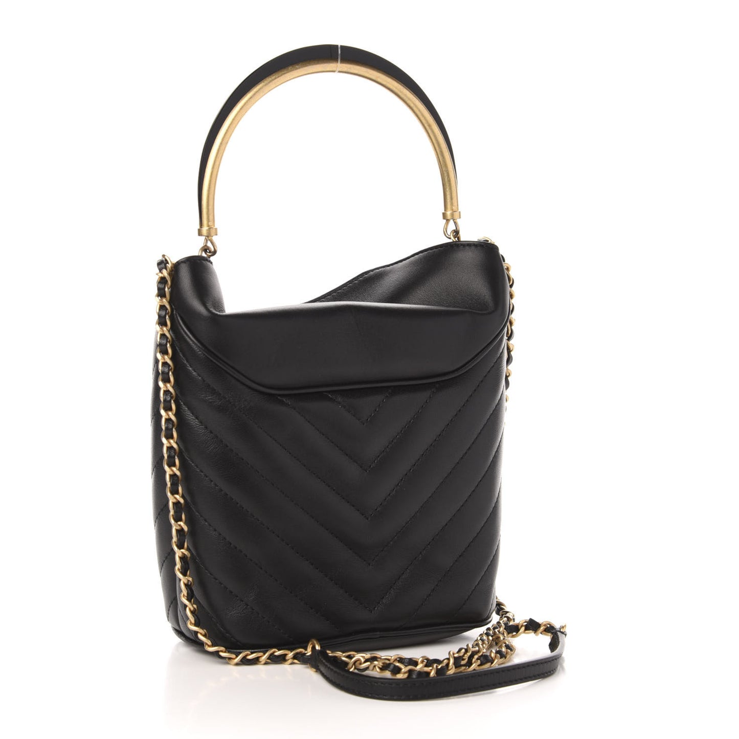 Lambskin Chevron Quilted Handle With Chic Bucket Bag Black