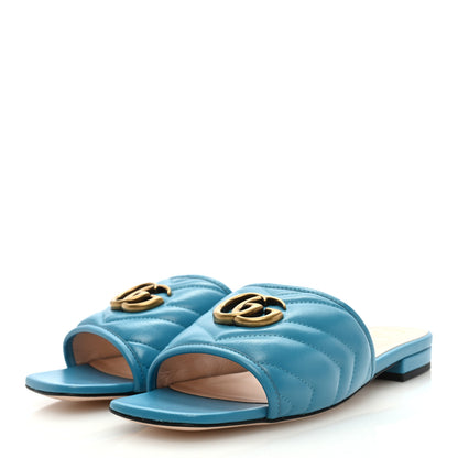 Gucci Nappa Matelasse GG Marmont Flat Slide Sandals 36.5 Light Blue Canvas 3 of 9