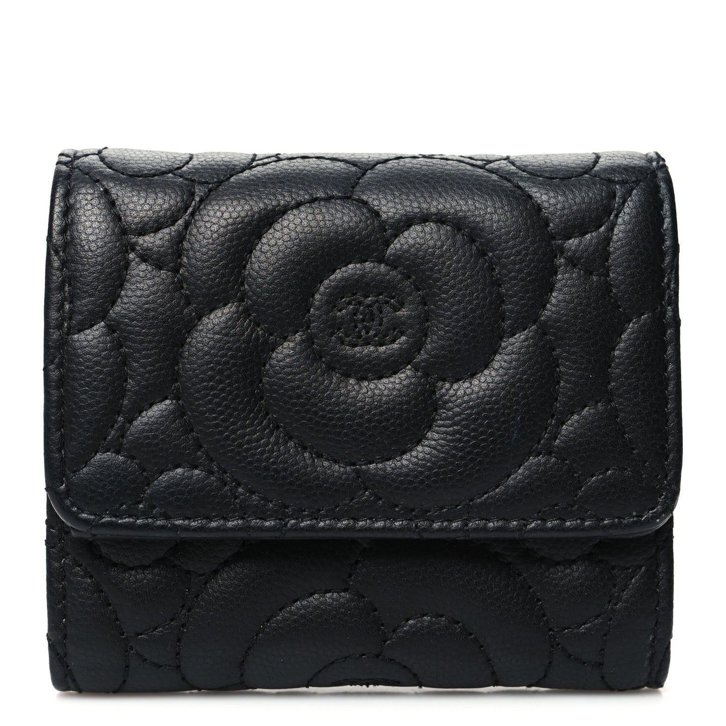 Caviar Camellia Embossed Compact Wallet Black