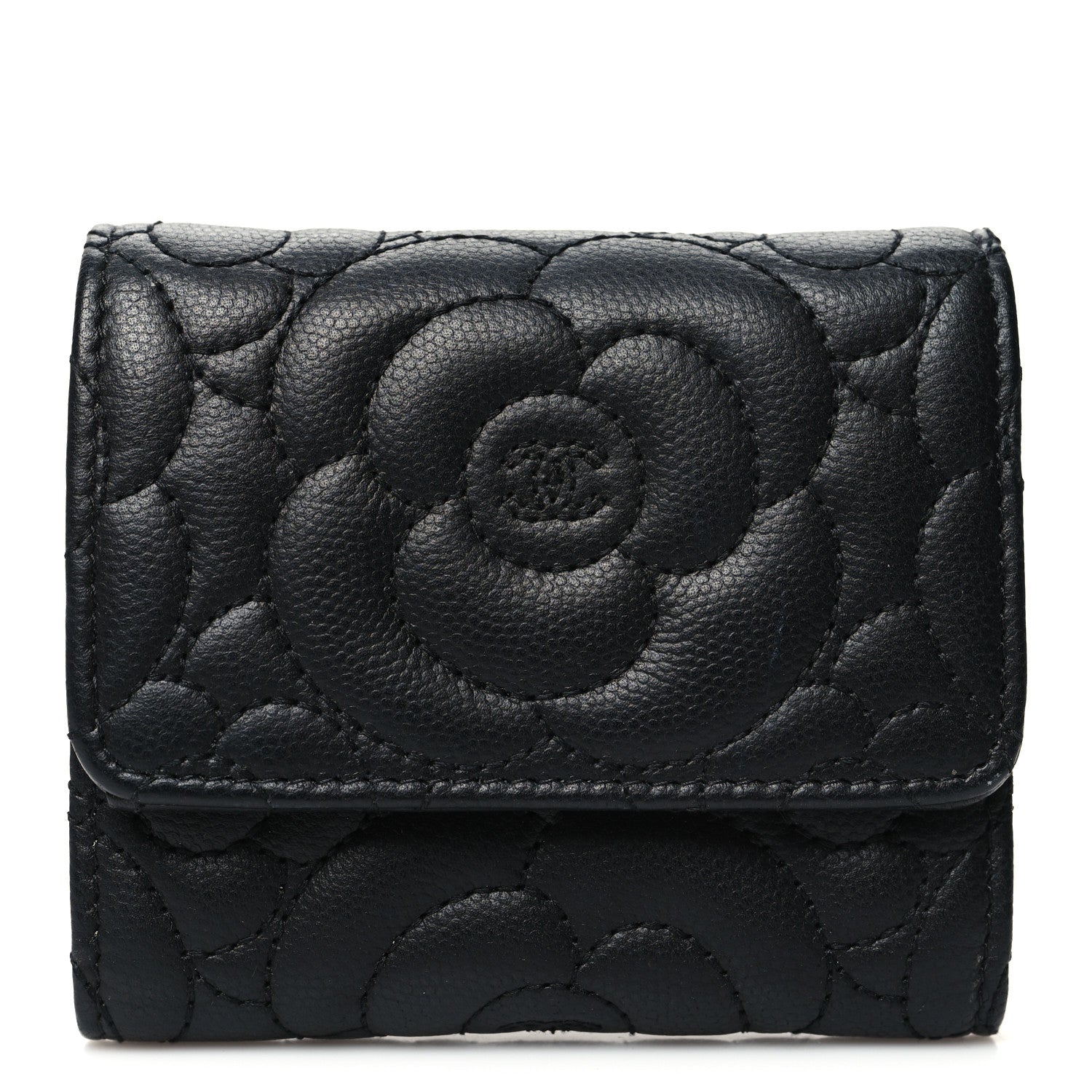 Chanel Caviar Camellia Embossed Compact Wallet Black 1 of 10