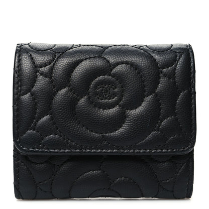 Chanel Caviar Camellia Embossed Compact Wallet Black 1 of 10