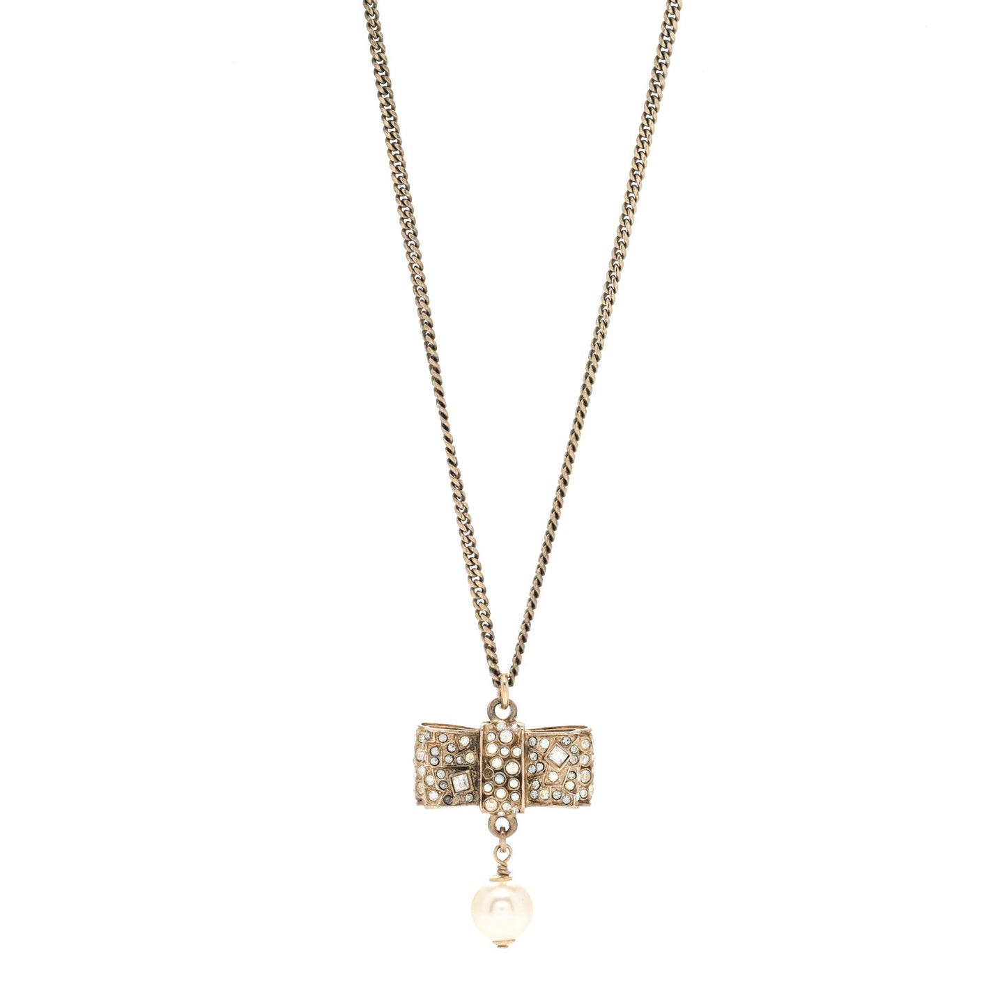 Metal Crystal Pearl CC Bow Necklace Gold